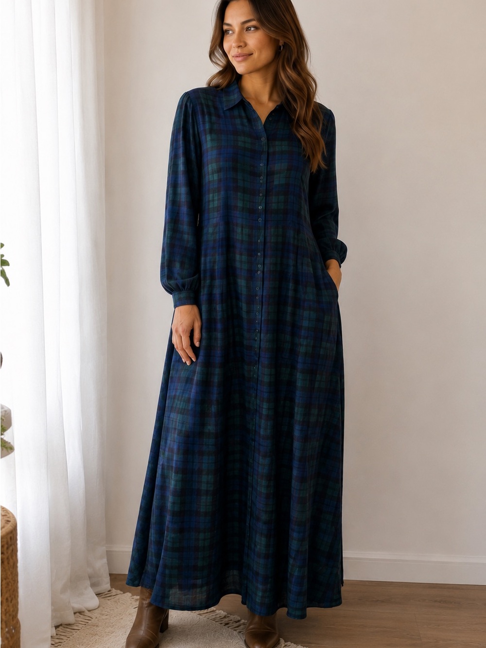 UNTUCKit For Her Plaid Maxi Shirt Dress XL Blue Green